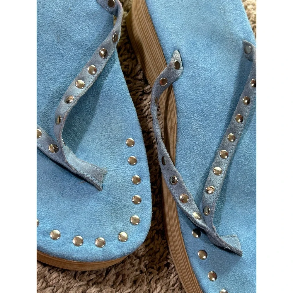 Blue Faux Suede Studded Platform Sandals Wedge Flip Flops Festival Western 8